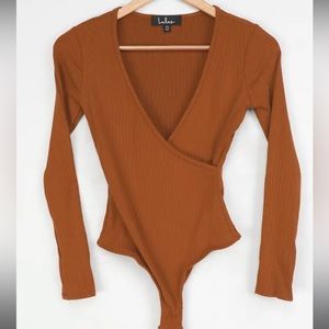 Rust Brown Ribbed Long Sleeve Bodysuit